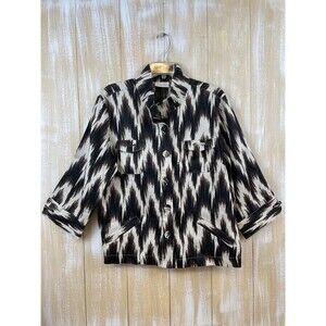 Chicos 100% Linen Luda Shacket Size 2 White Brown Ikat 3/4 Sleeve Jacket NWT